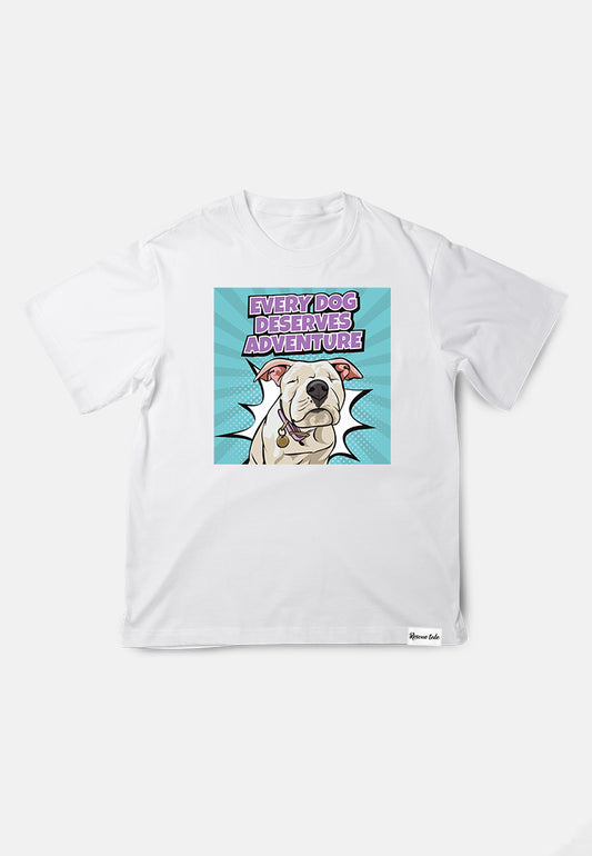 @Steviethewonderdogo: Every Dog Deserves Adventure White T-Shirt P10