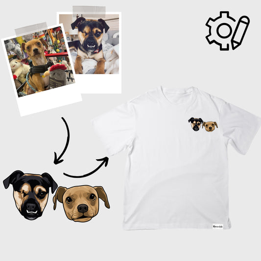 Custom Pet Portrait White T-Shirt Pocket Design (2 Pets)