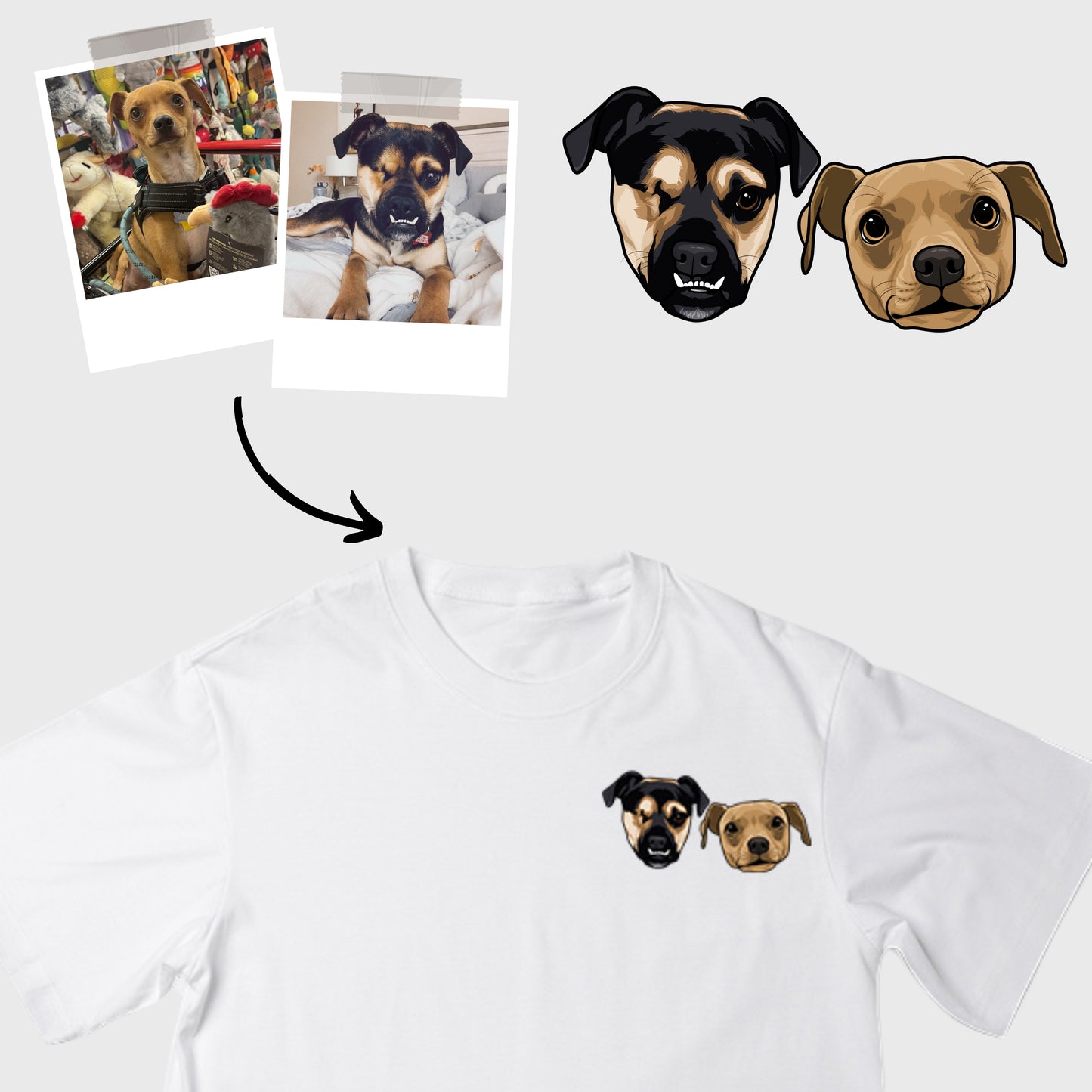 Custom Pet Portrait White T-Shirt Pocket Design (2 Pets)