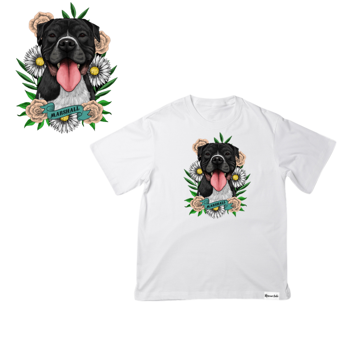 Custom Pet Portrait Tattoo Art Style White T-Shirt (1 Pet)