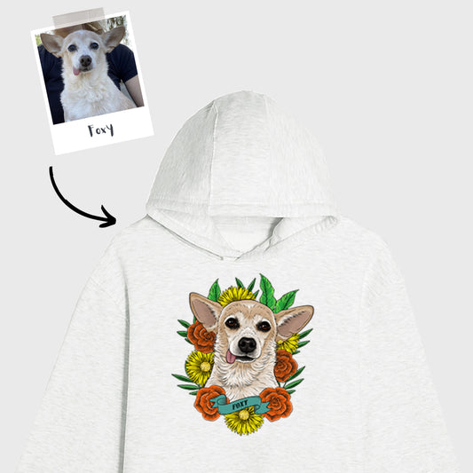 Custom Pet Portrait Tattoo Style Oatmeal Heather Hoodie (1 Pet)