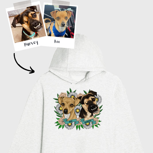 Custom Pet Portrait Tattoo Style Oatmeal Heather Hoodie (2 Pets)