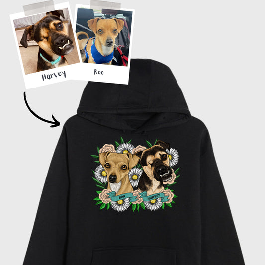 Custom Pet Portrait Tattoo Style Black Hoodie (2 Pets)