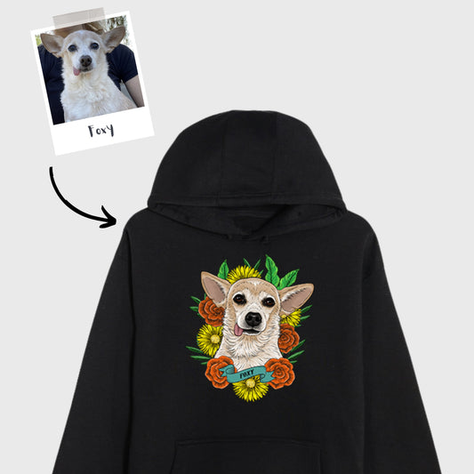 Custom Pet Portrait Tattoo Style Black Hoodie (1 Pet)
