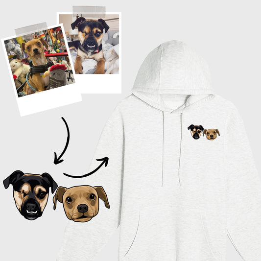 Custom Pet Portrait Oatmeal Heather Hoodie Pocket Design (2 Pets)