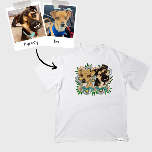 Custom Pet Portrait Tattoo Art Style White T-Shirt (2 Pets)