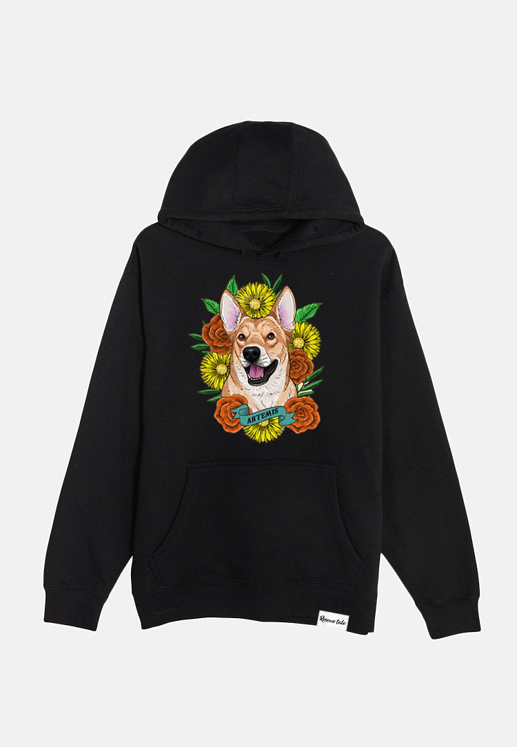 Custom Pet Portrait Tattoo Style Black Hoodie (1 Pet)