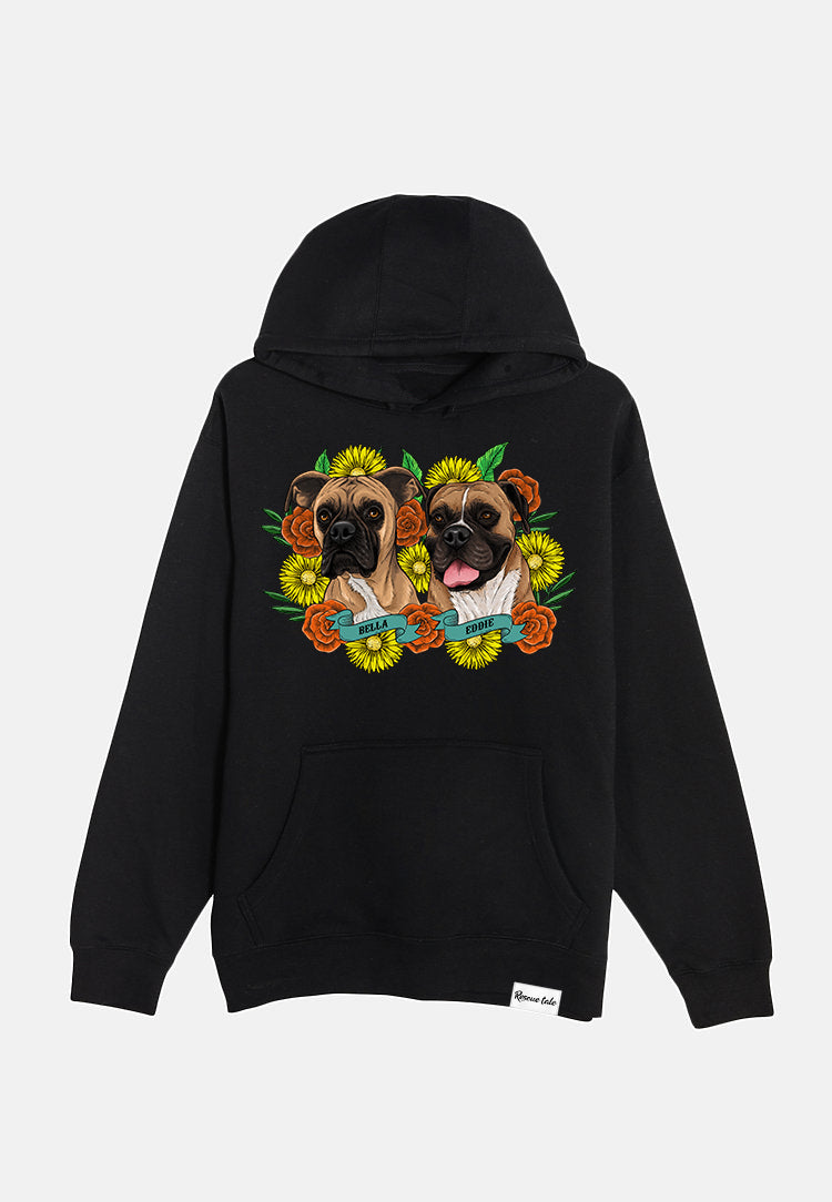 Custom Pet Portrait Tattoo Style Black Hoodie (2 Pets)