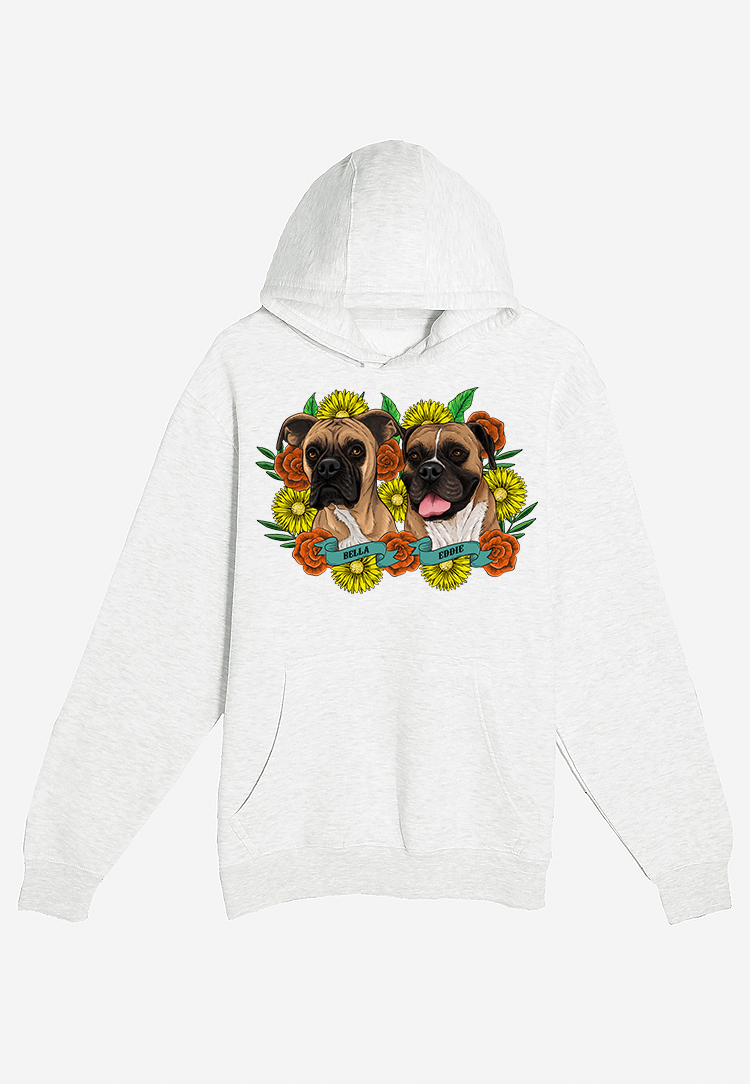 Custom Pet Portrait Tattoo Style Oatmeal Heather Hoodie (2 Pets)